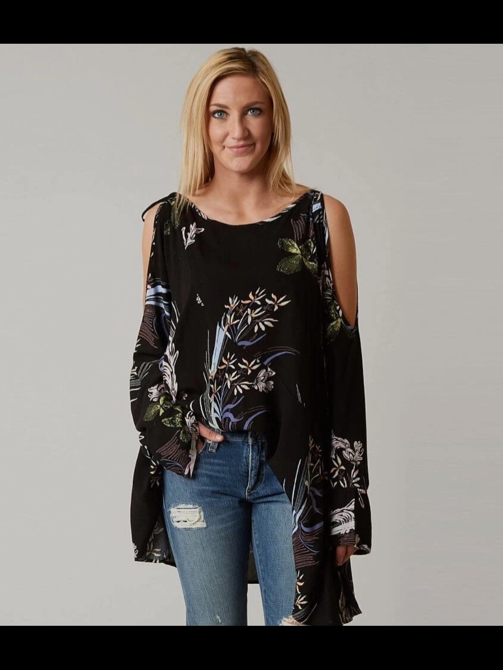Free People Black Floral Cold-Shoulder Tunic